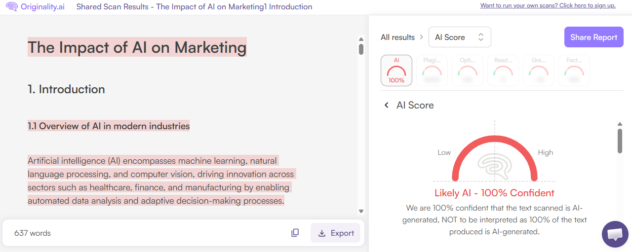 Originality.ai Scan of a Curvedo Generated Paper