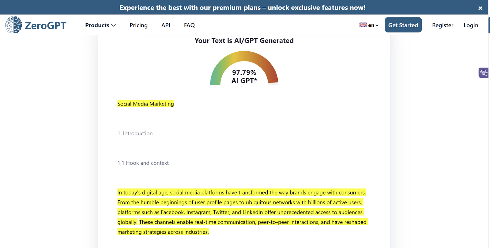 ZeroGPT score of an AI-generated paper from Curvedo