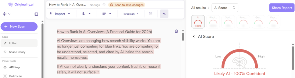 Originality.ai Scan of Hire Mia AI Humanized Content