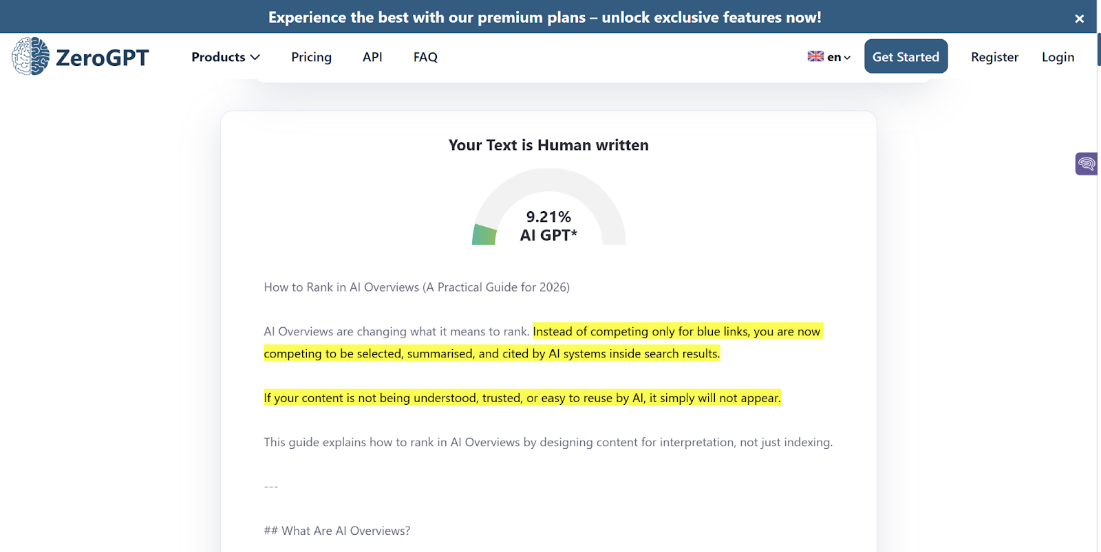 ZeroGPT scan of AI Content