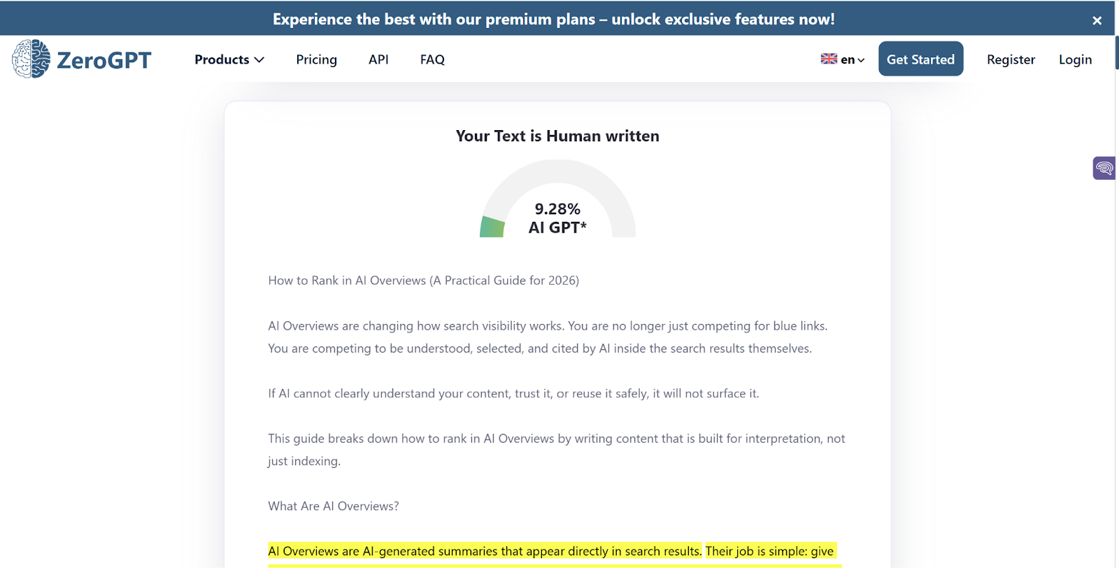 ZeroGPT scan of humanized Content