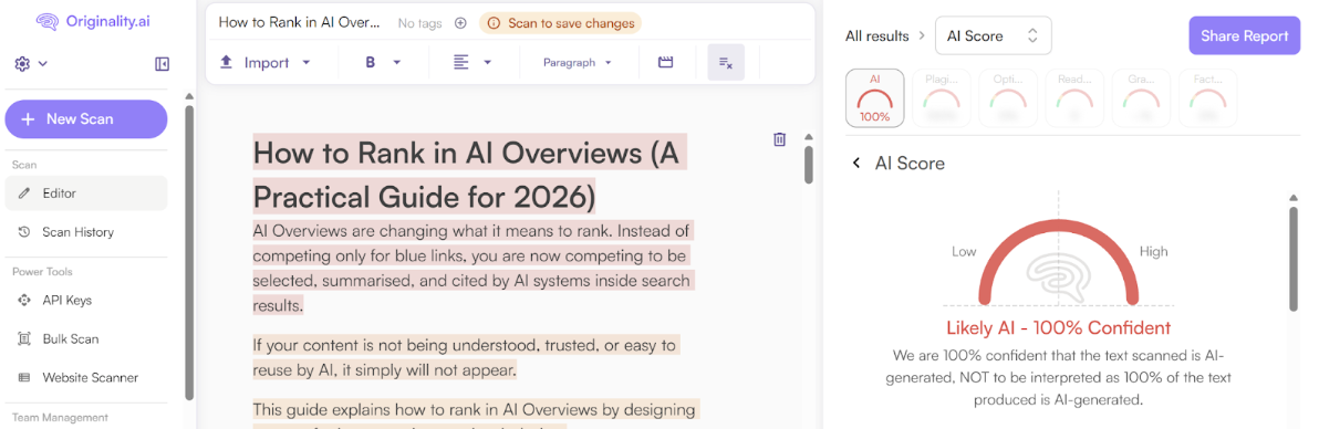 Originality.ai Scan of ChatGPT content