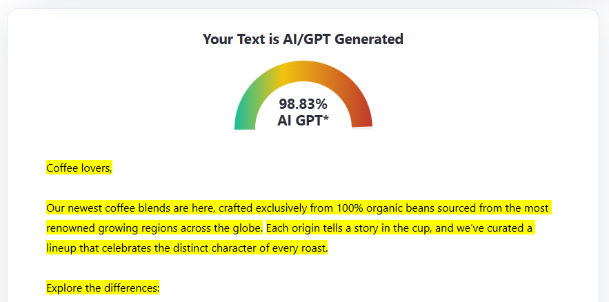 EaseMate AI scan of AI-generated text