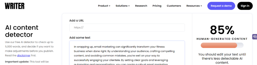 Writer AI Content Detector Score of Texta AI Written Content