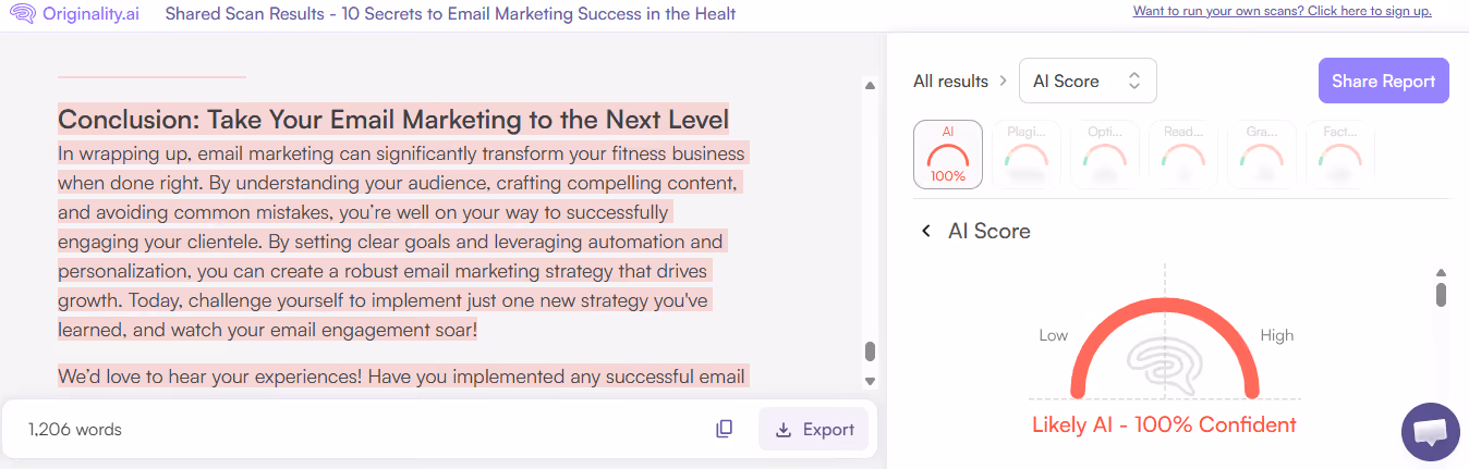 Originality.ai Scan of Texta AI-Generated Content