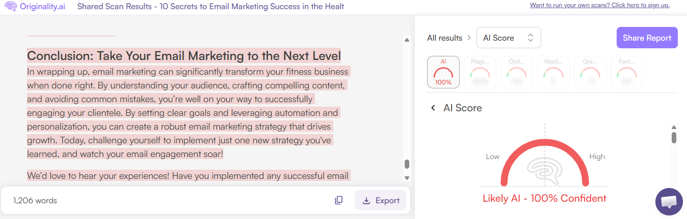Originality.ai Scan of Texta AI-Generated Content