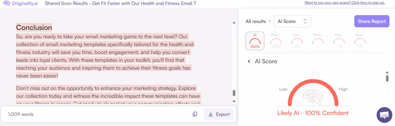 Originality.ai AI Scan of Texta.ai AI Written Content