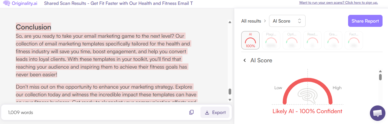 Originality.ai AI Scan of Texta.ai AI Written Content