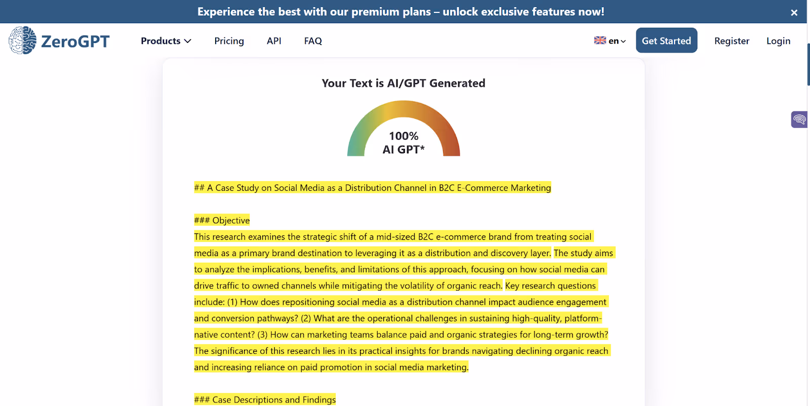 ZeroGPT scan of Gatsbi AI-generated paper