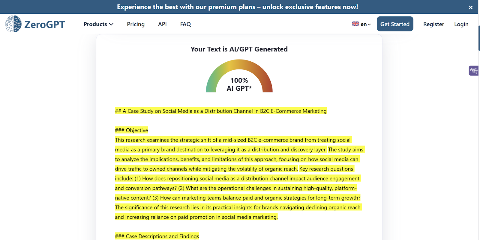 ZeroGPT scan of Gatsbi AI-generated paper