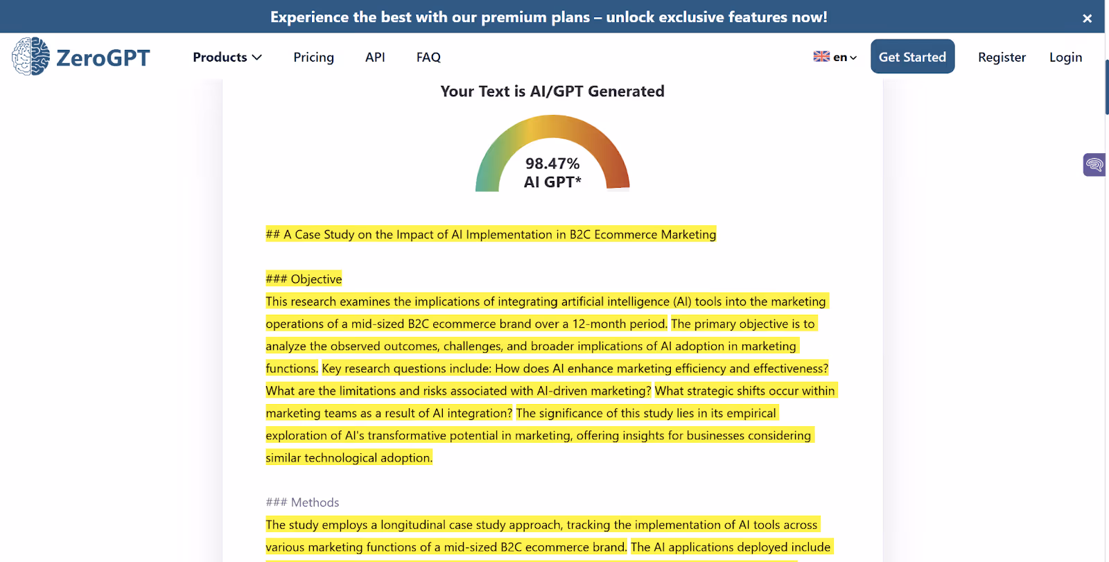 ZeroGPT scan of AI-generated copy
