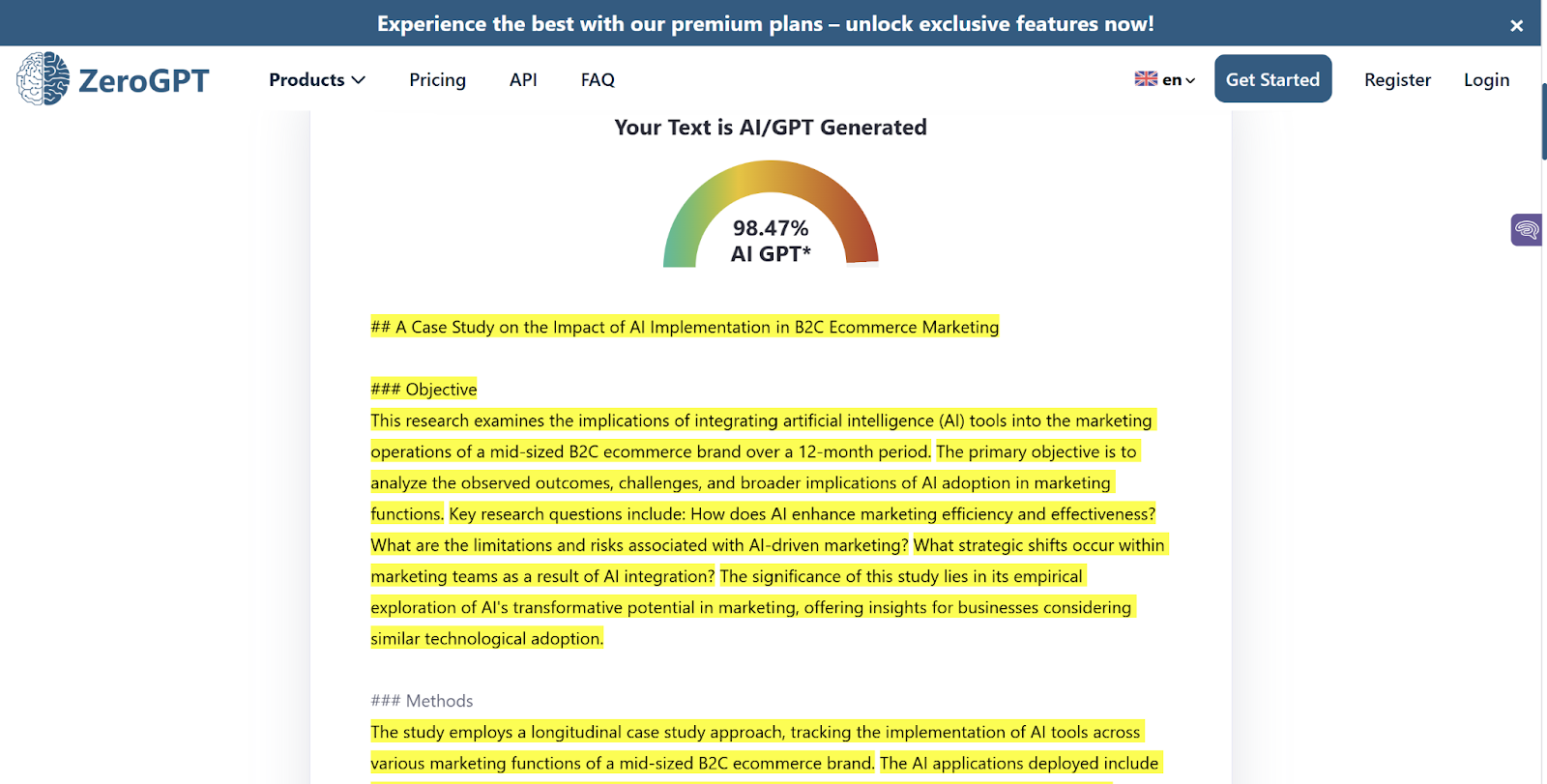 ZeroGPT scan of AI-generated copy