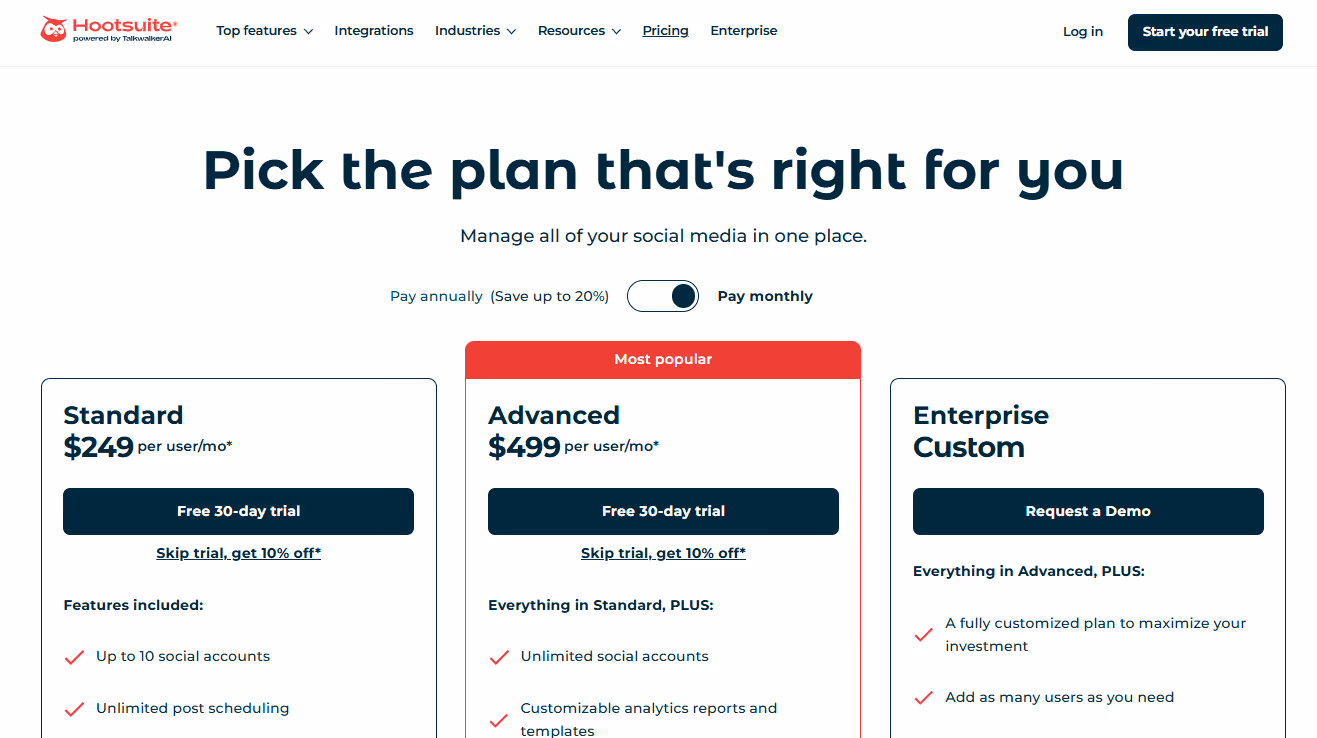 Hootsuite pricing plans