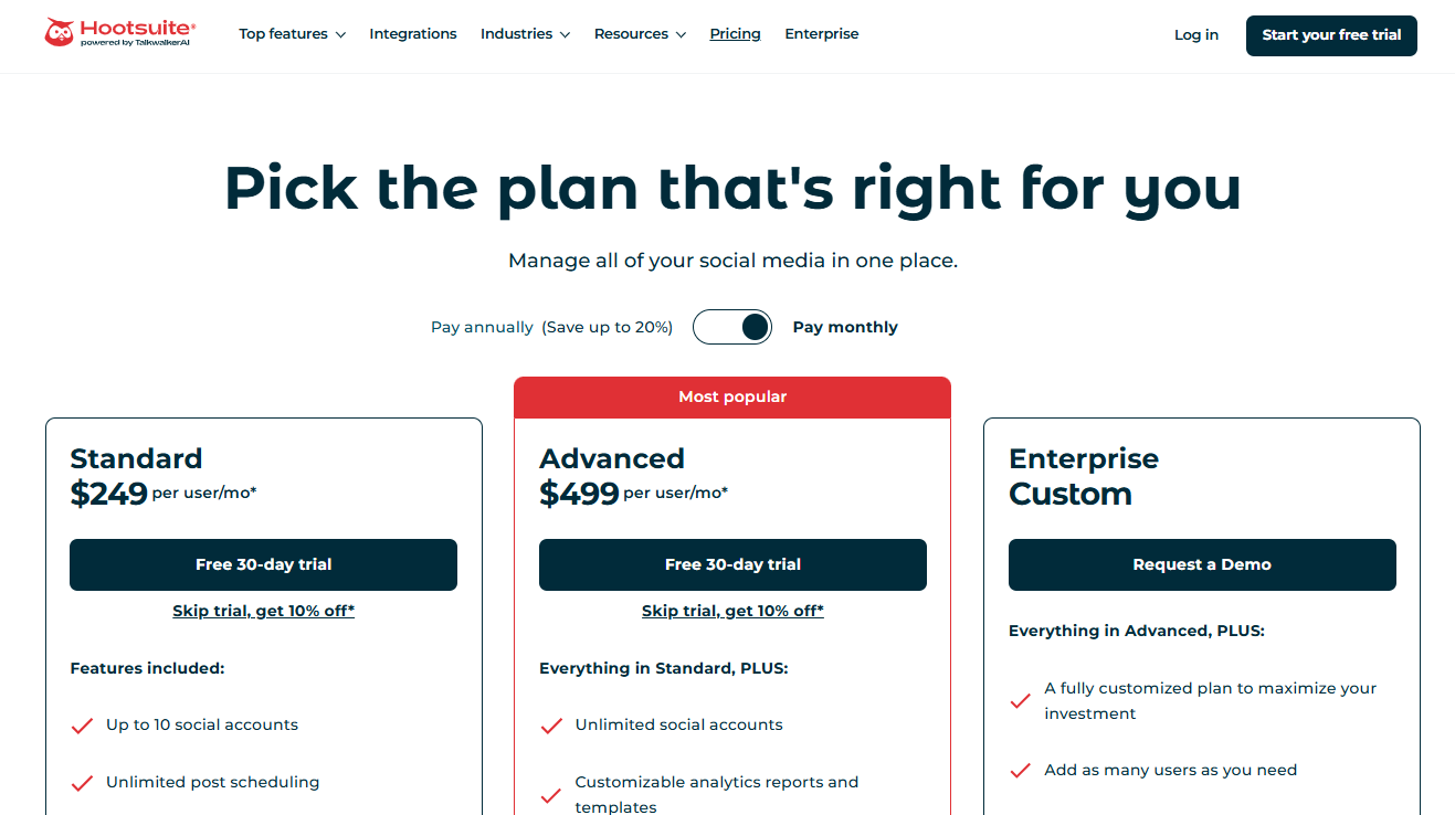 Hootsuite pricing plans