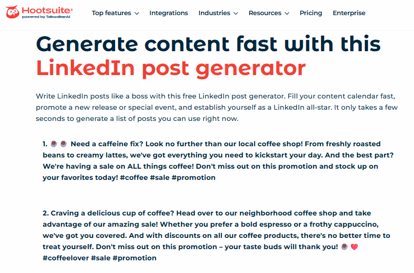 Sample of an AI-generated Hootsuite post