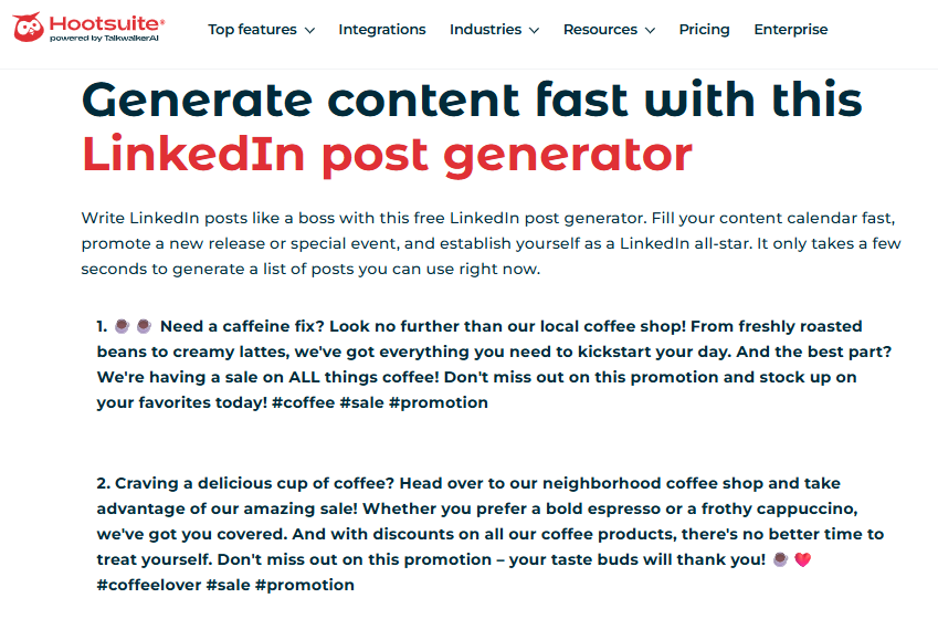 Sample of an AI-generated Hootsuite post