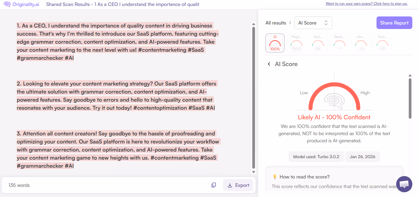 Originality.ai Scan of Hootsuite AI generated LinkedIn Posts