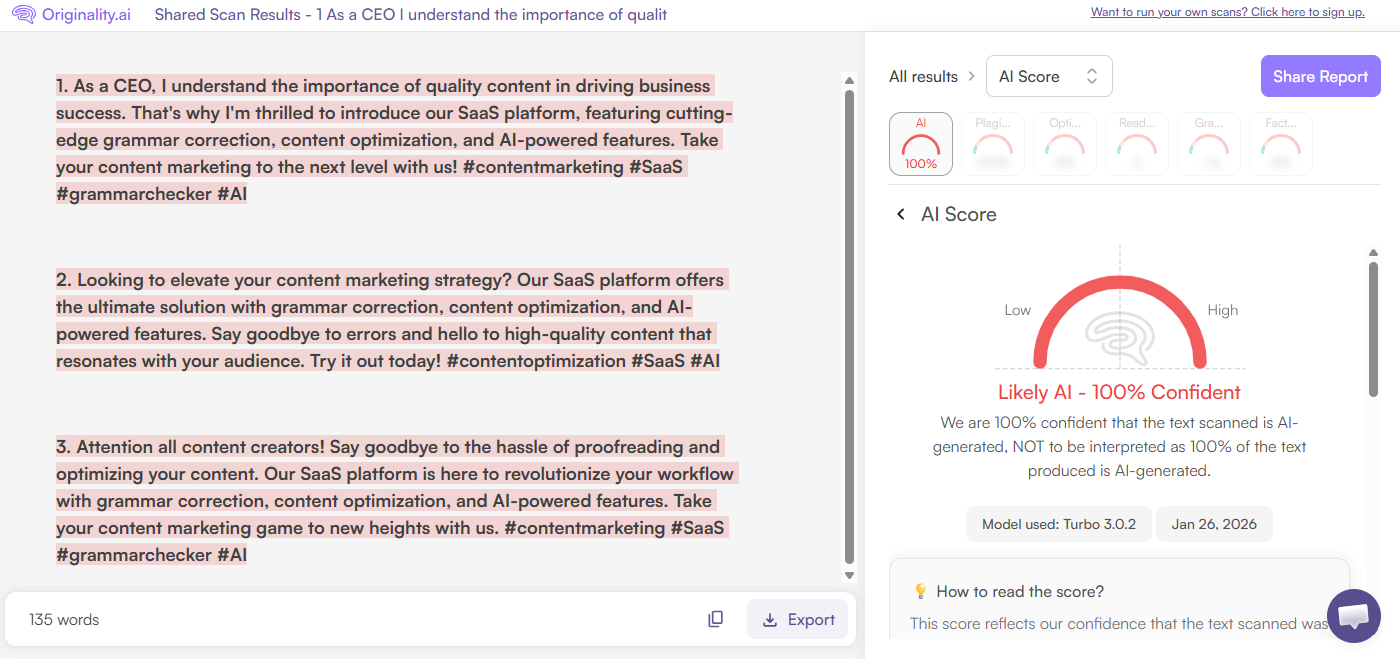 Originality.ai Scan of Hootsuite AI generated LinkedIn Posts