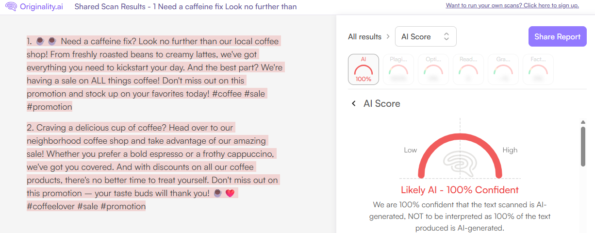 Originality.ai AI Scan of a Hootsuite Generated Post