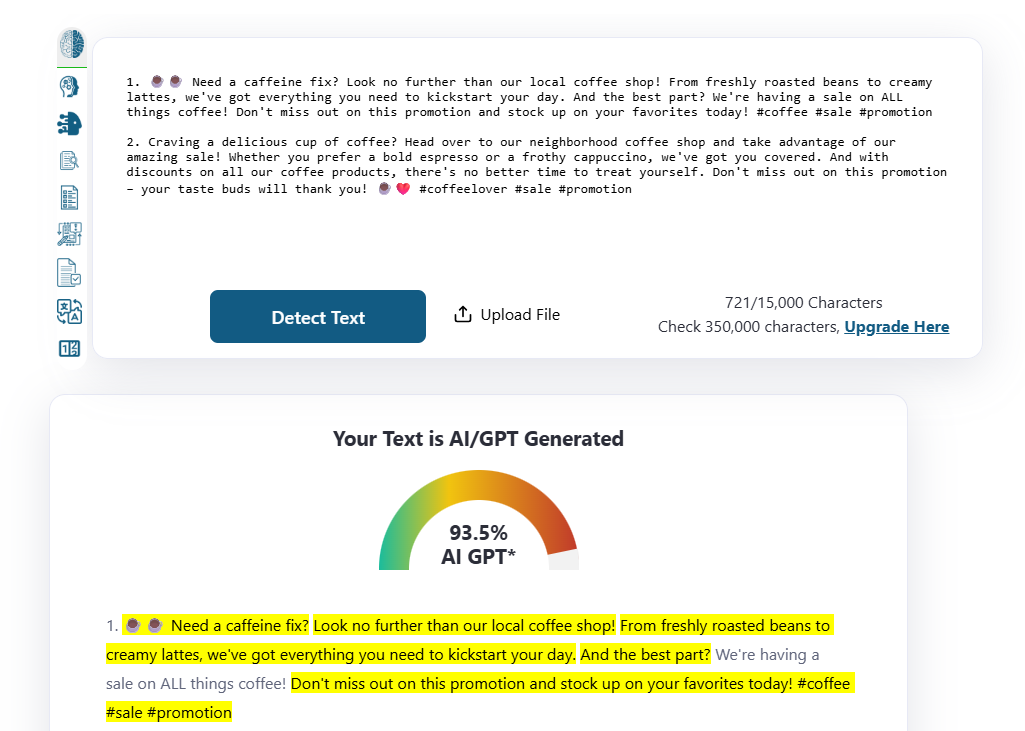 AI detection scan from ZeroGPT on a Hootsuite AI post