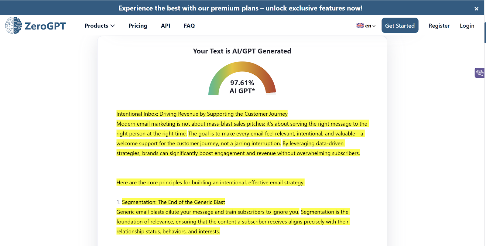 ZeroGPT scan of an Essify AI Generated Essay