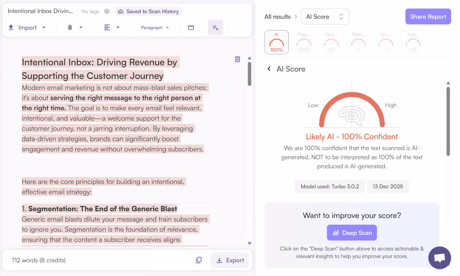 Originality.ai Scan of an Essify AI Essay