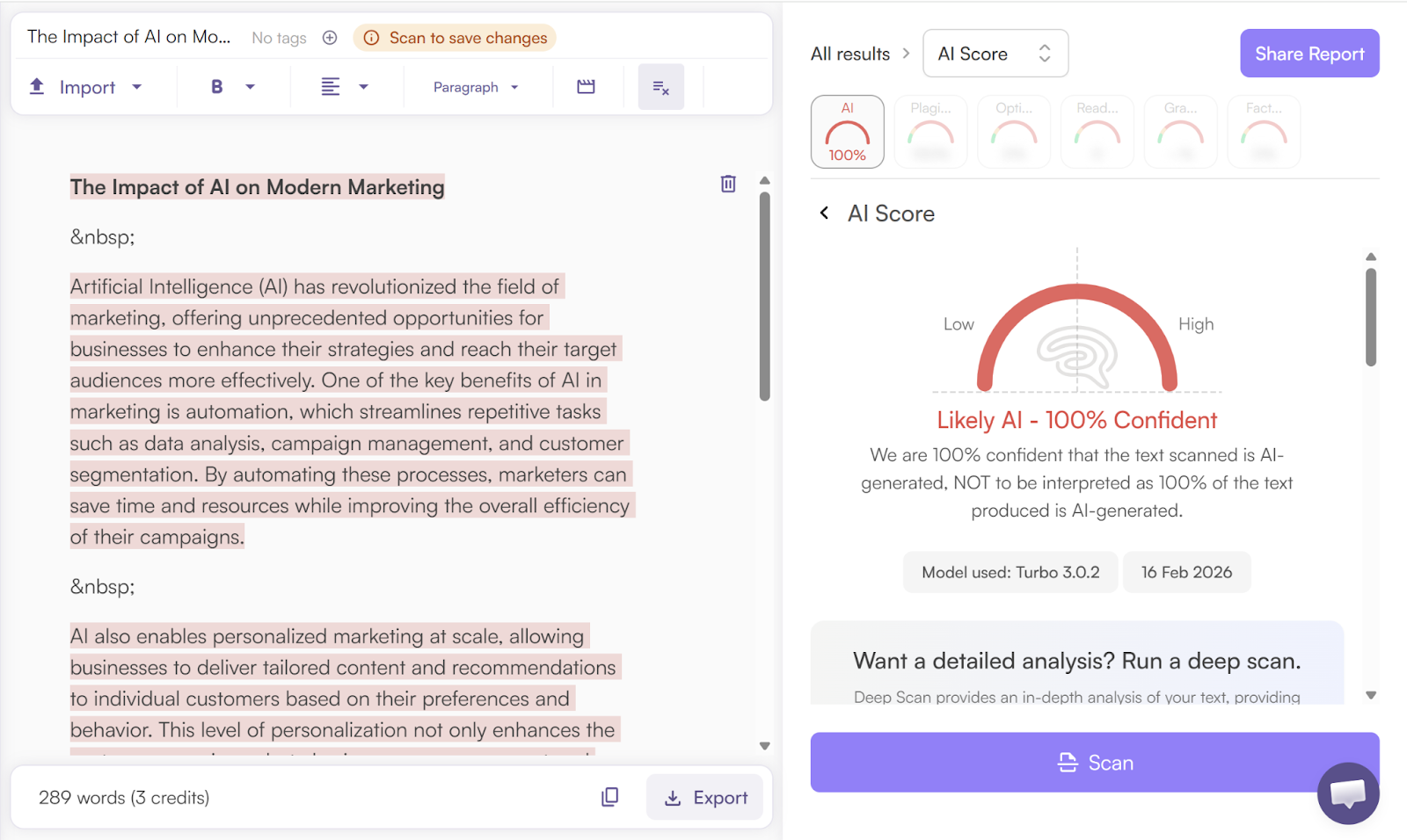 Originality.ai AI Scan of Essay Builder AI Content
