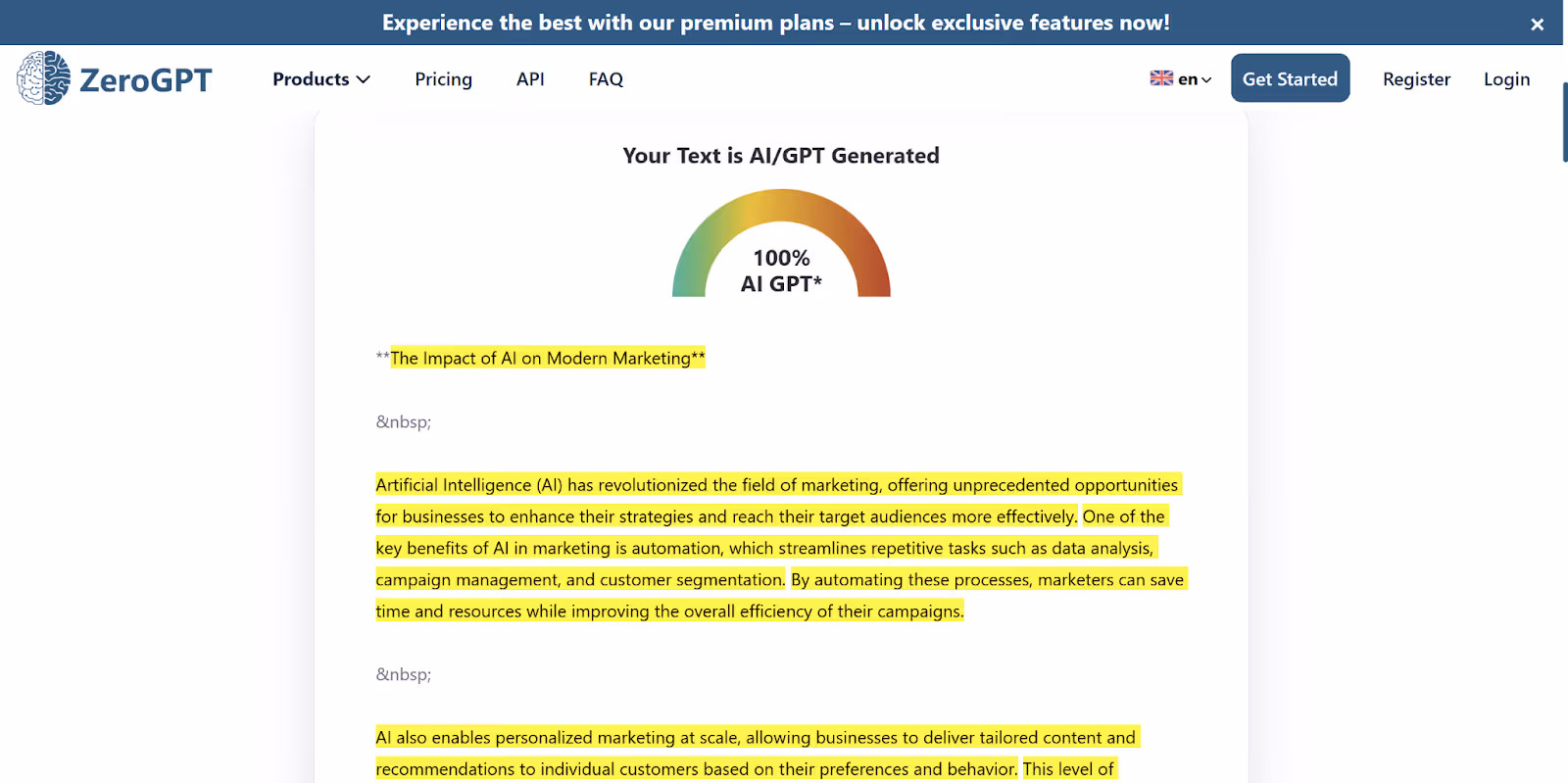 Zerogpt scan of AI essay