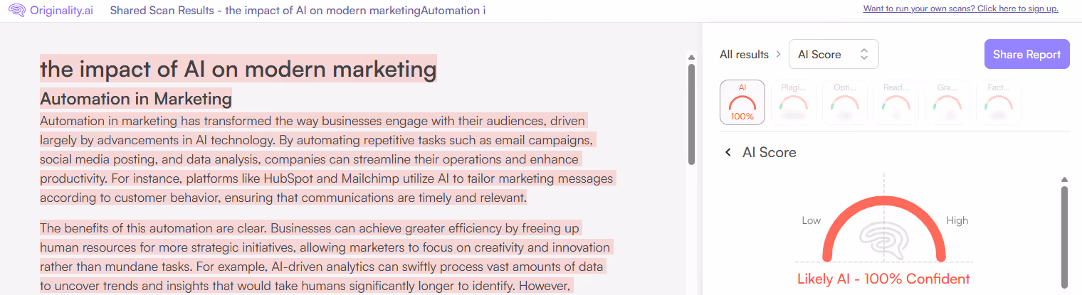 Originality.ai Scan of Textero.io AI Essay Content