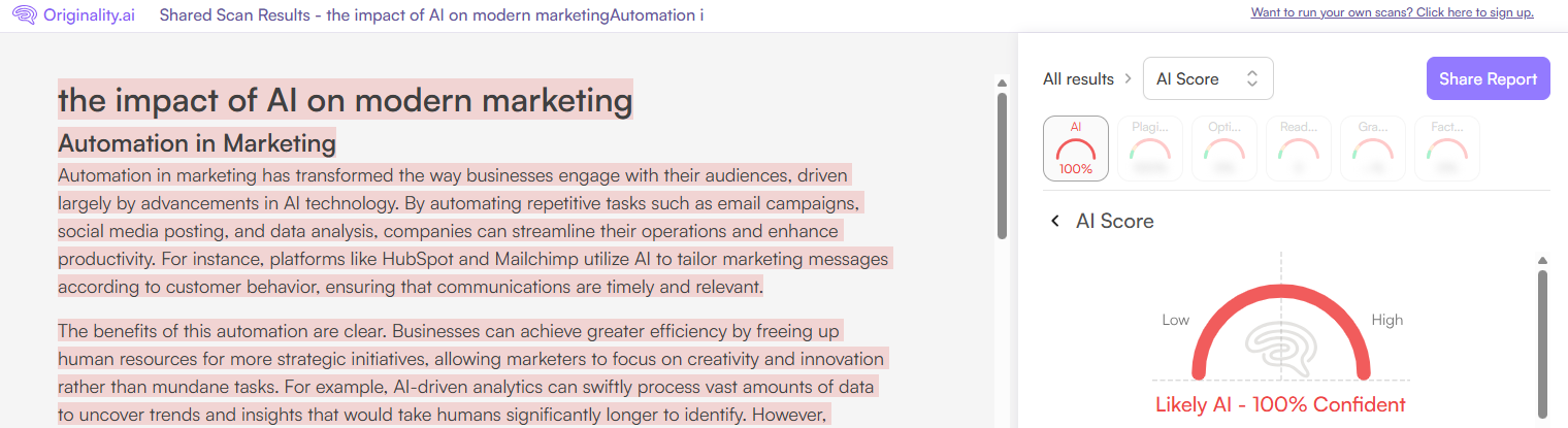 Originality.ai Scan of Textero.io AI Essay Content
