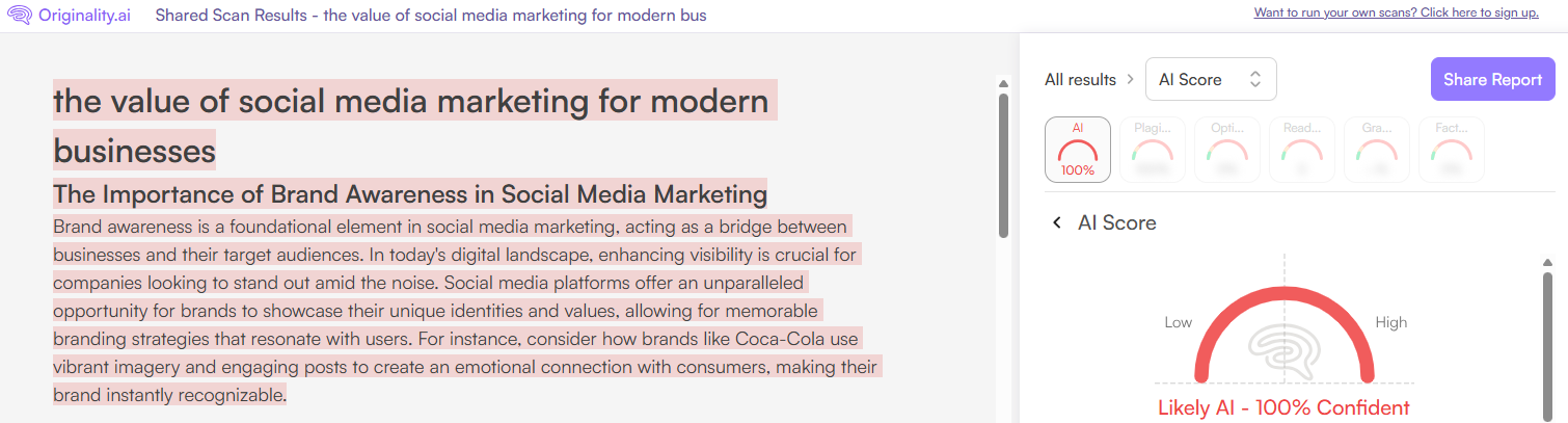 Originality.ai AI Scan of a Textero.io AI Essay