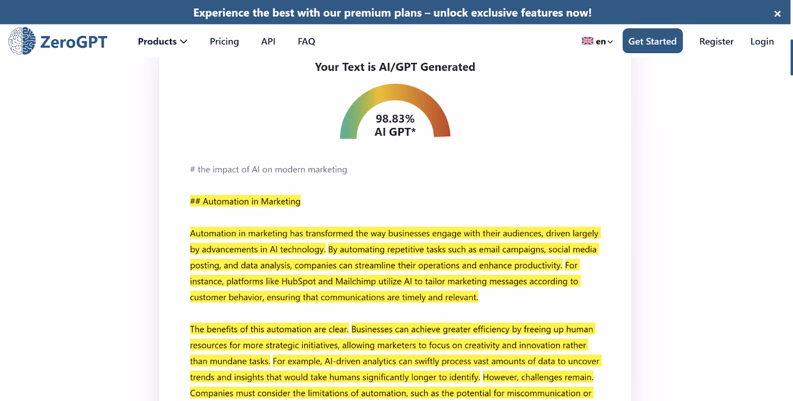 ZeroGPT scan of AI Essay