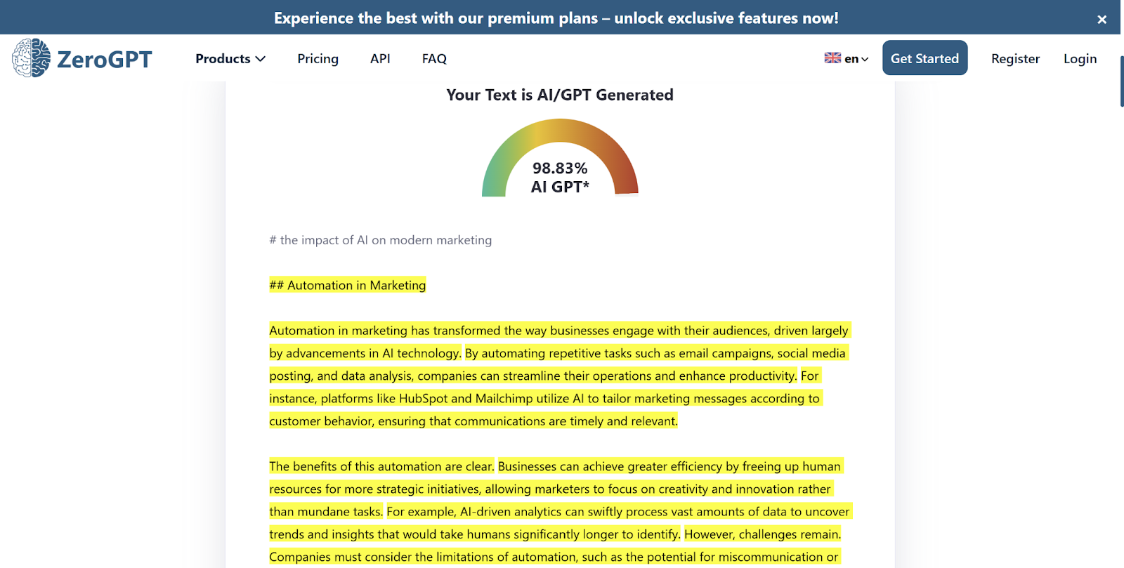 ZeroGPT scan of AI Essay
