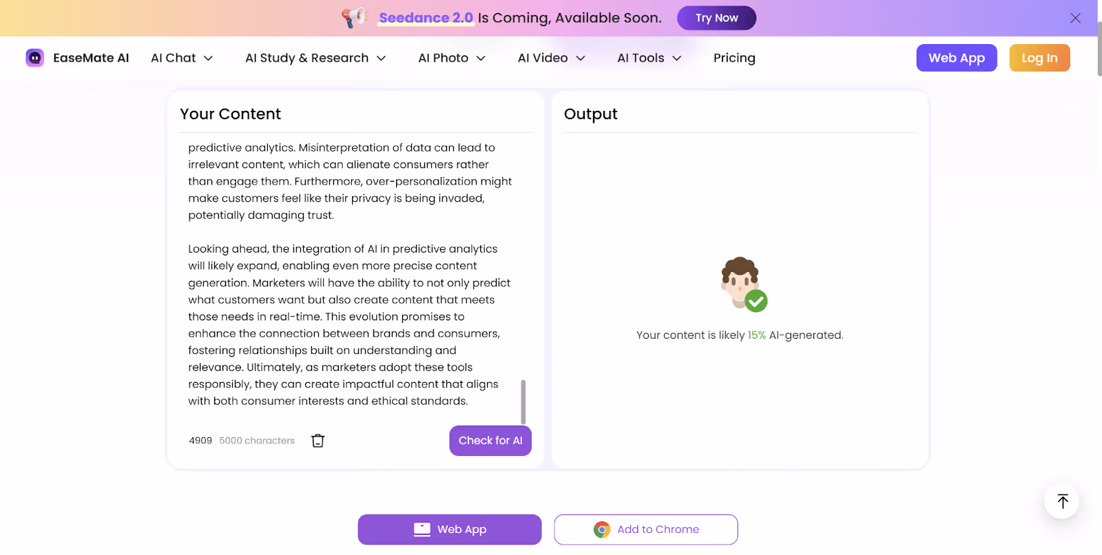 Easemate Score of Textero AI Essay Content
