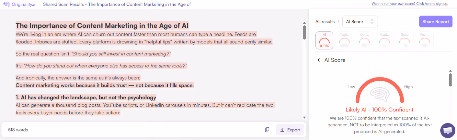 Originality.ai AI Scan of AI Text