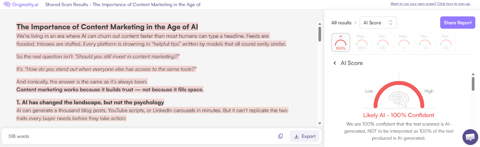 Originality.ai AI Scan of AI Text