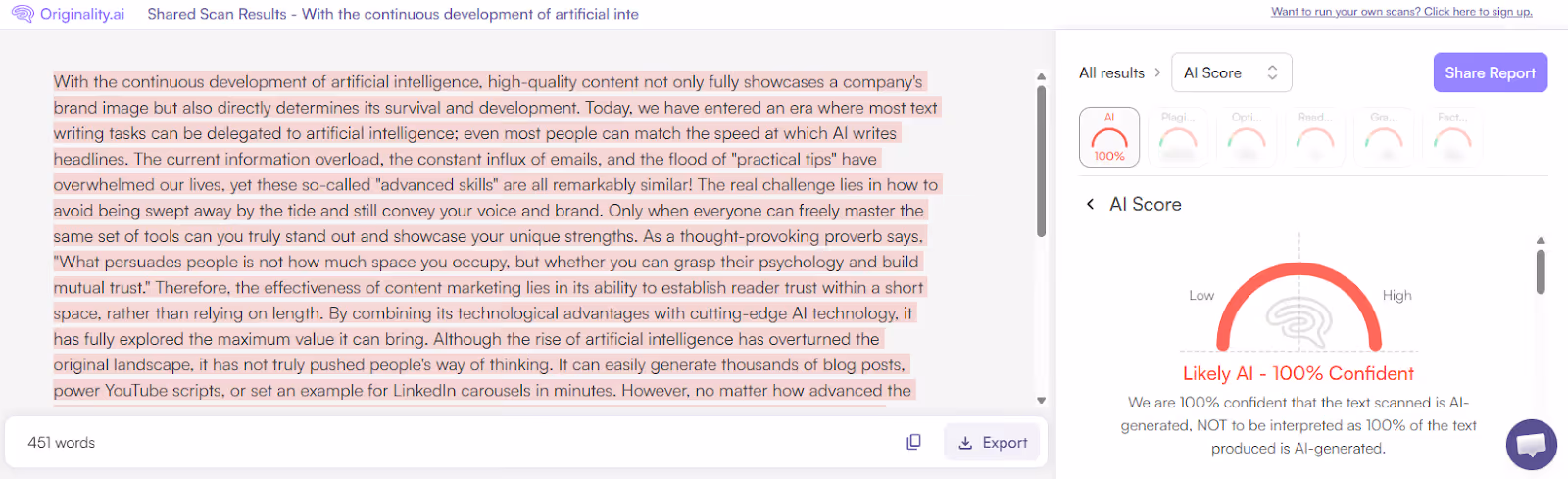 Originality.ai Scan of Humanized Oreate Text