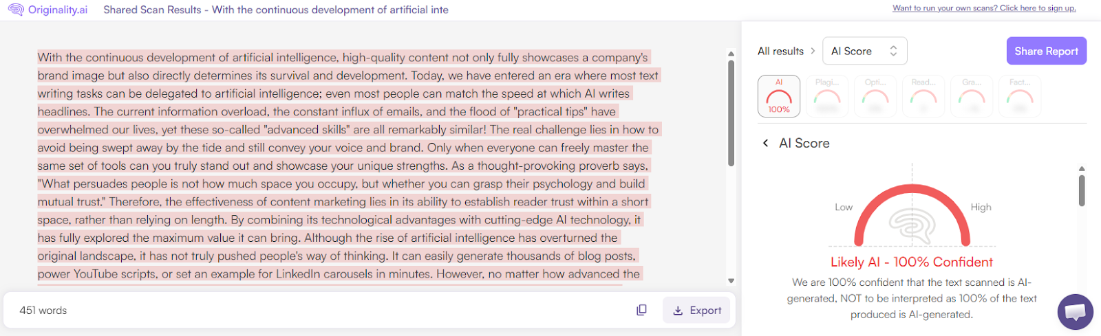 Originality.ai Scan of Humanized Oreate Text