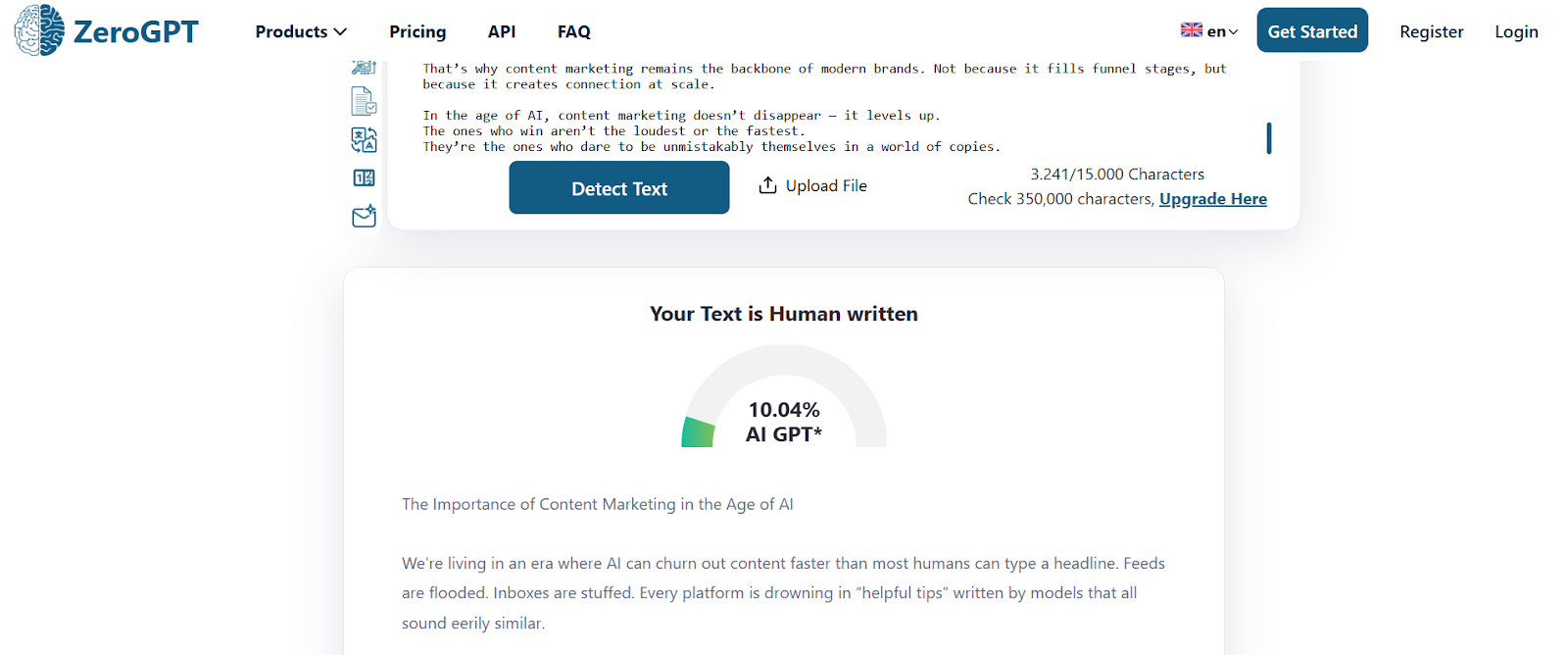 ZeroGPT scan of AI text