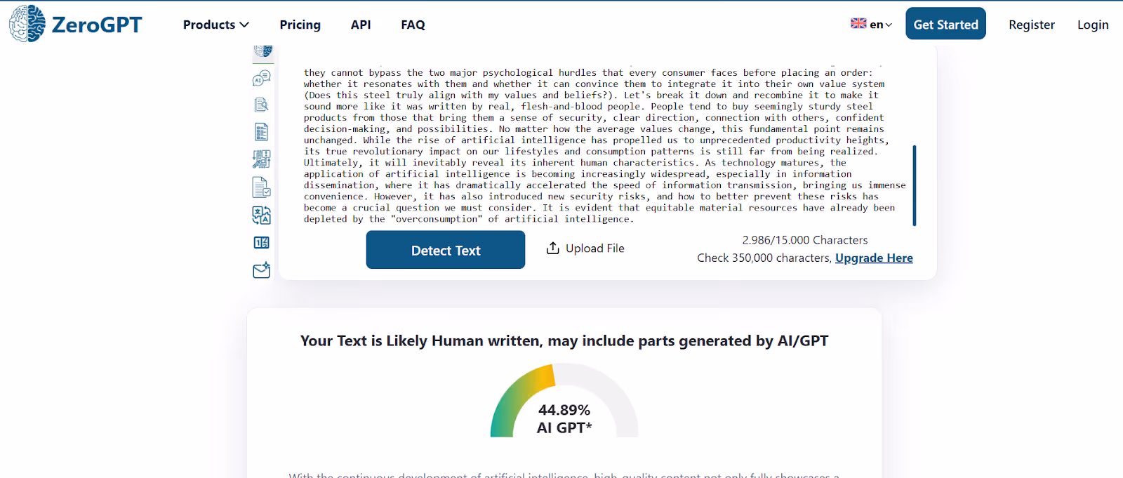 ZeroGPT scan of humanized text