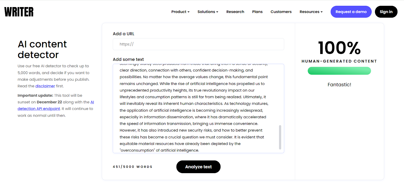 Writer AI Detector Scan of Oreate Humanized Text