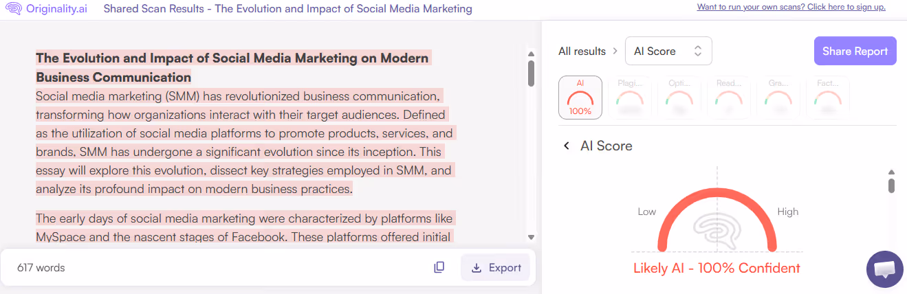 Originality.ai AI Scan of a repixify essay