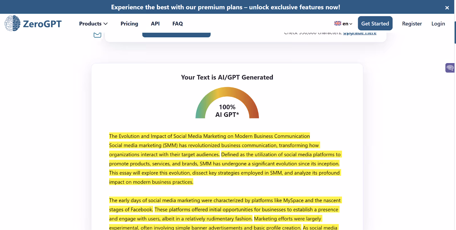 ZeroGPT score of AI-generated content