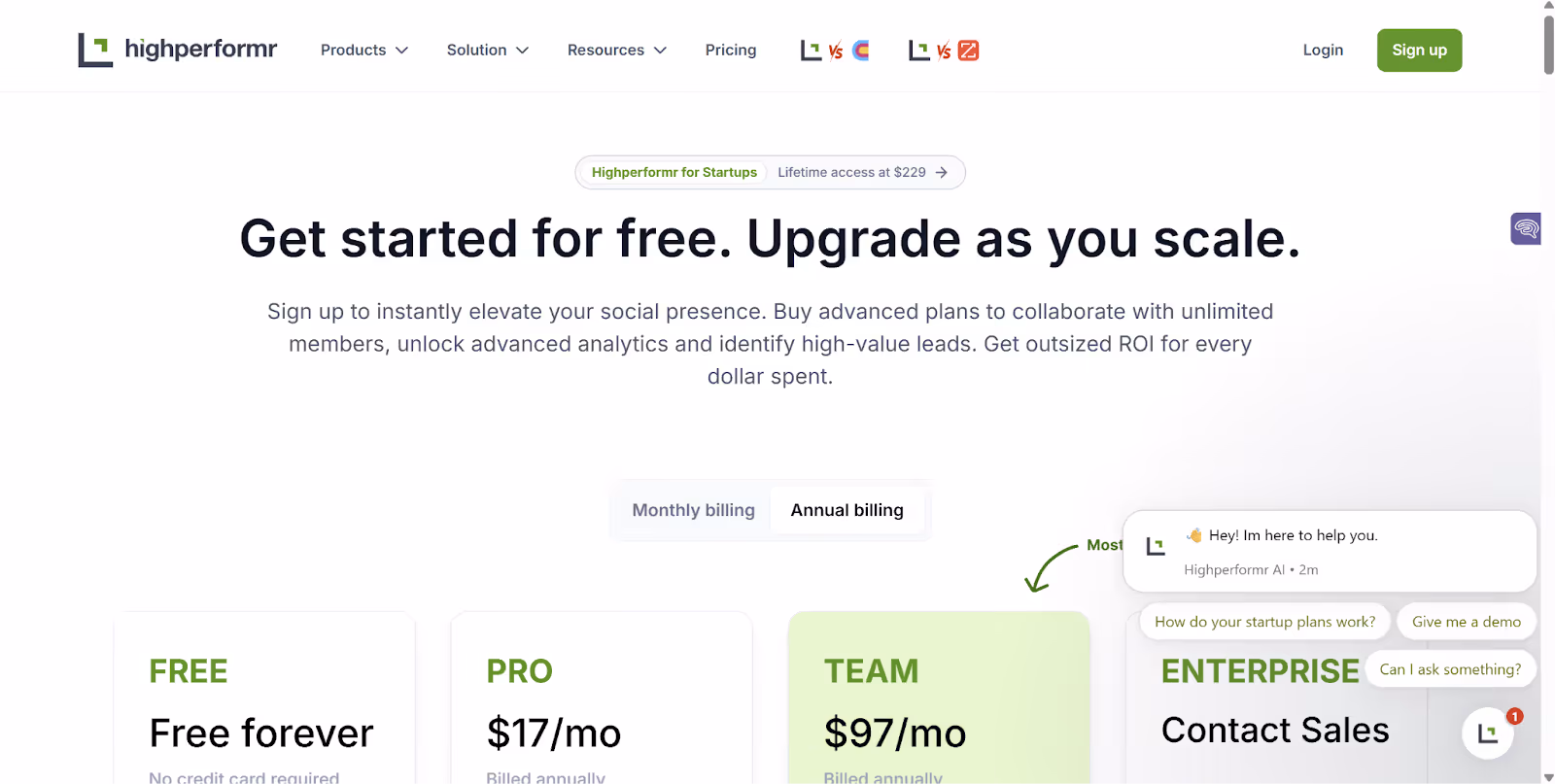 Highperform AI pricing plans
