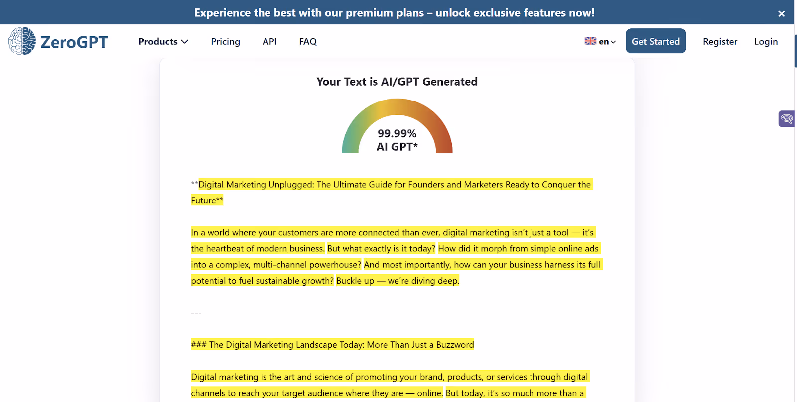 ZeroGPT Scan of a Highperformr AI Blog