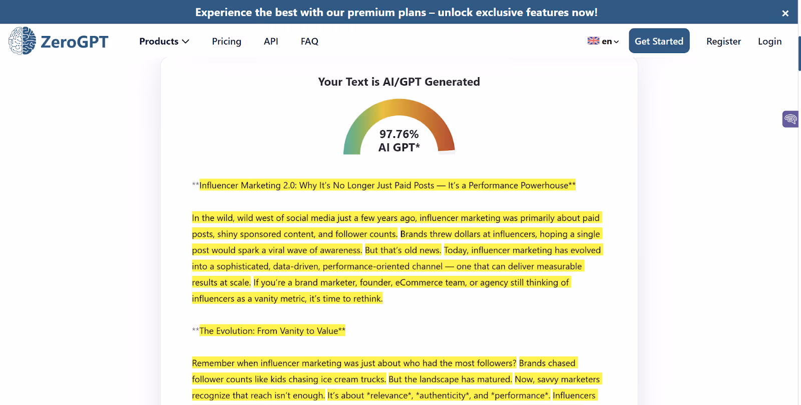ZeroGPT scan of Highperform AI Blog