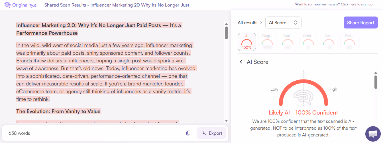 Originality.ai AI Scan of Highperformr AI Blog