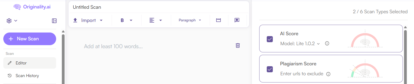 Originality.ai offers both AI and plagiarism scanning features