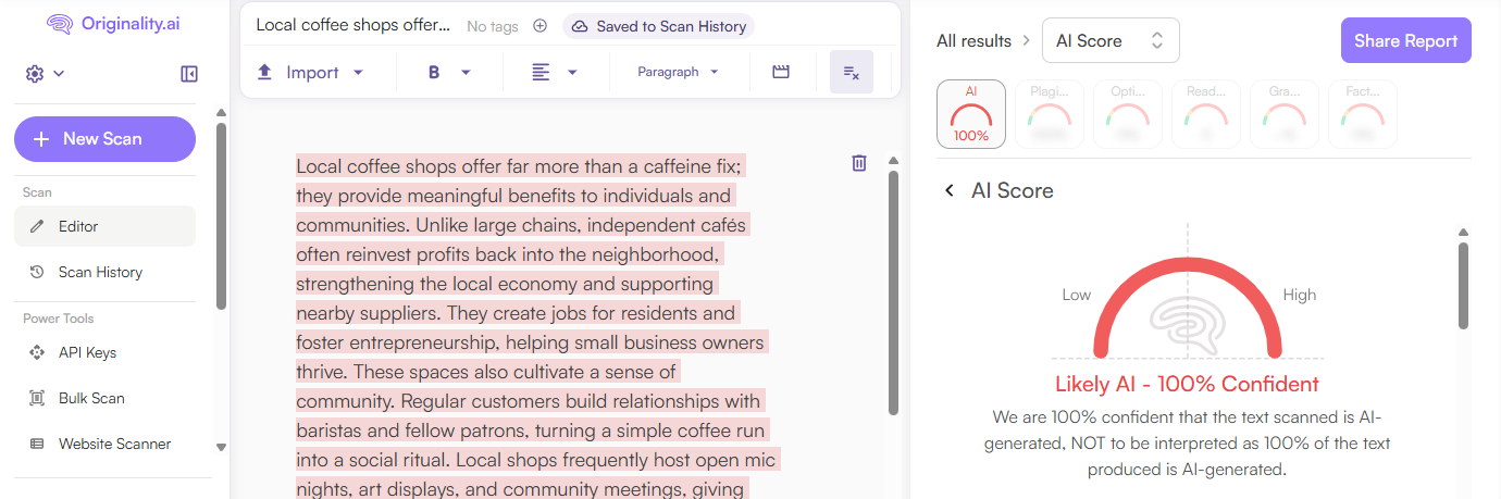 Originality.ai AI Scan of ChatGPT content