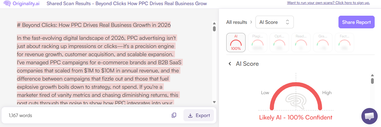 Originality.ai AI scan of an iWeaver AI-generated blog post